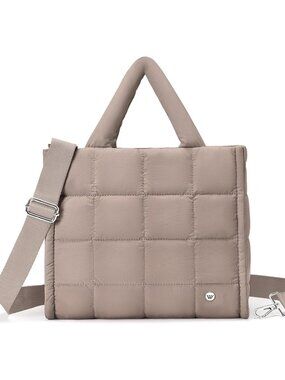 Women's Dark Khaki Quilted Tote Bag Puffy Weekender Overnight Nylon Shoulder